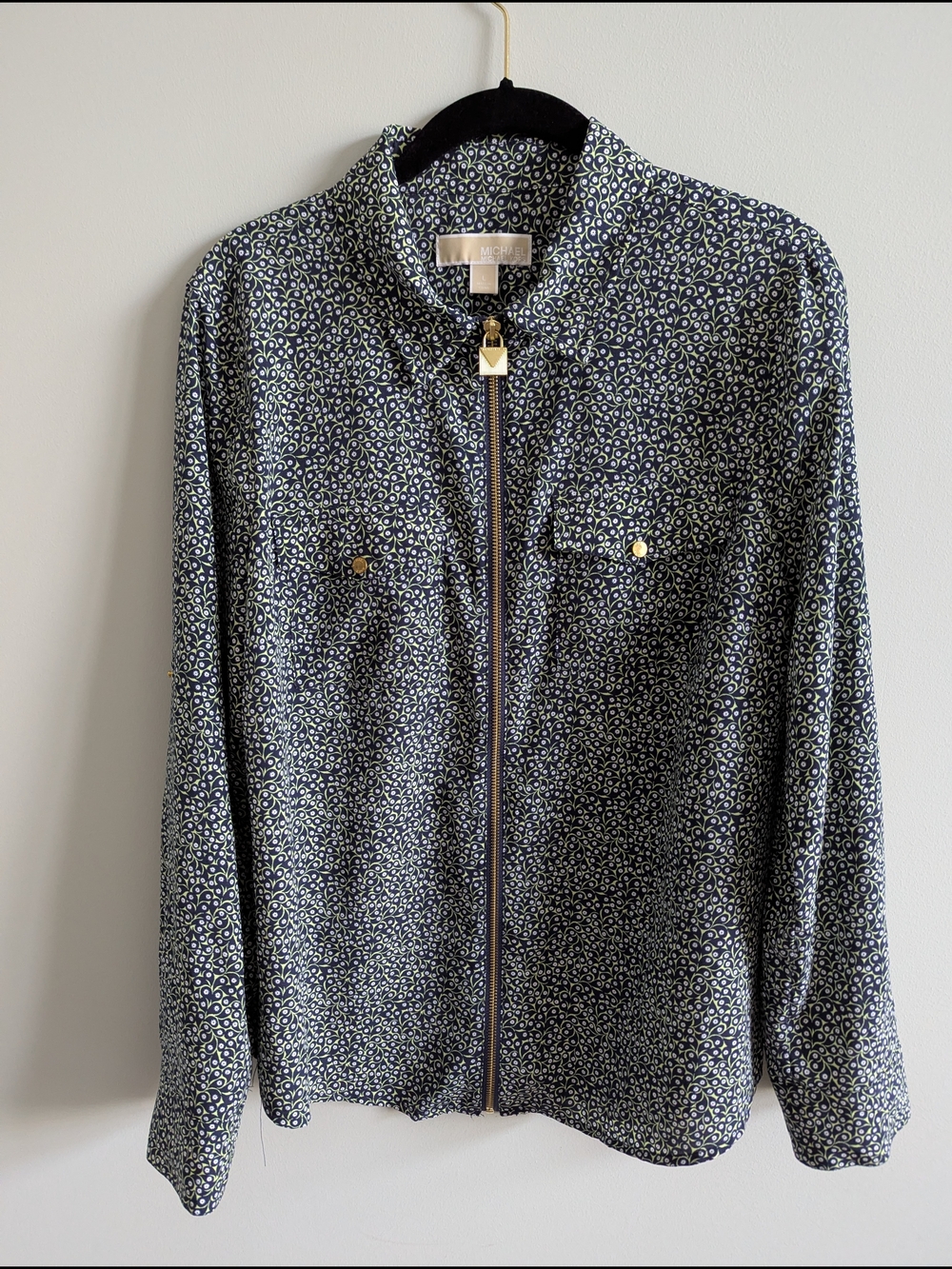Michael Kors Navy and White Printed Zip-Front Shirt